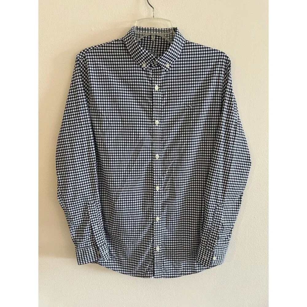 Vineyard Vines Button Up Youth Boys Size XL (18) Navy Gingham Plaid Whale Shirt